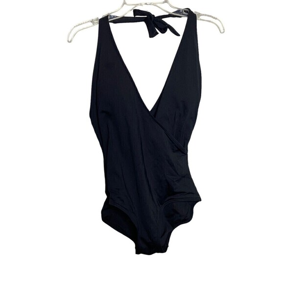 Carmen Marc Valvo Black Plunge Halter Vneck  One Piece Swimsuit Padded Size 10 - Picture 1 of 10
